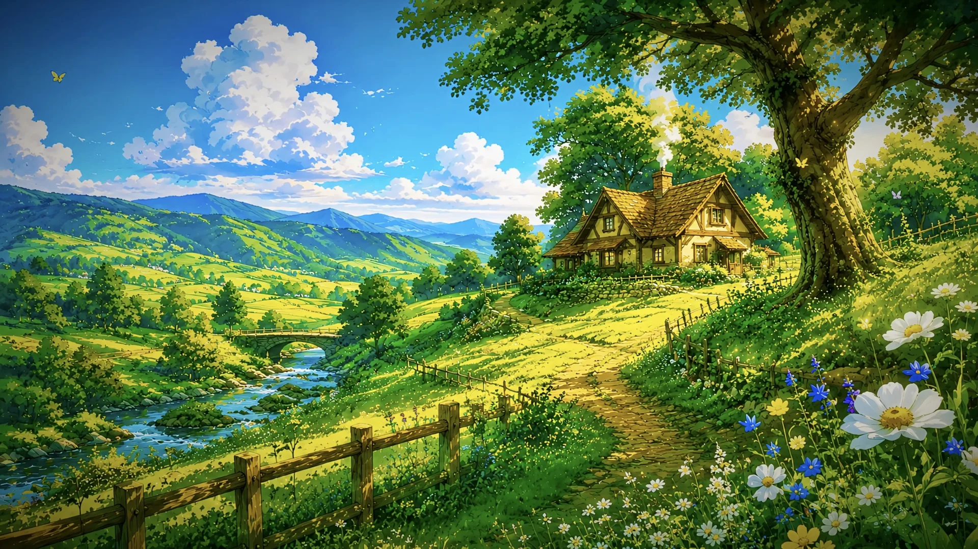 Ghibli Style Countryside Wallpaper 4K Cottage Green Hills Anime Landscape