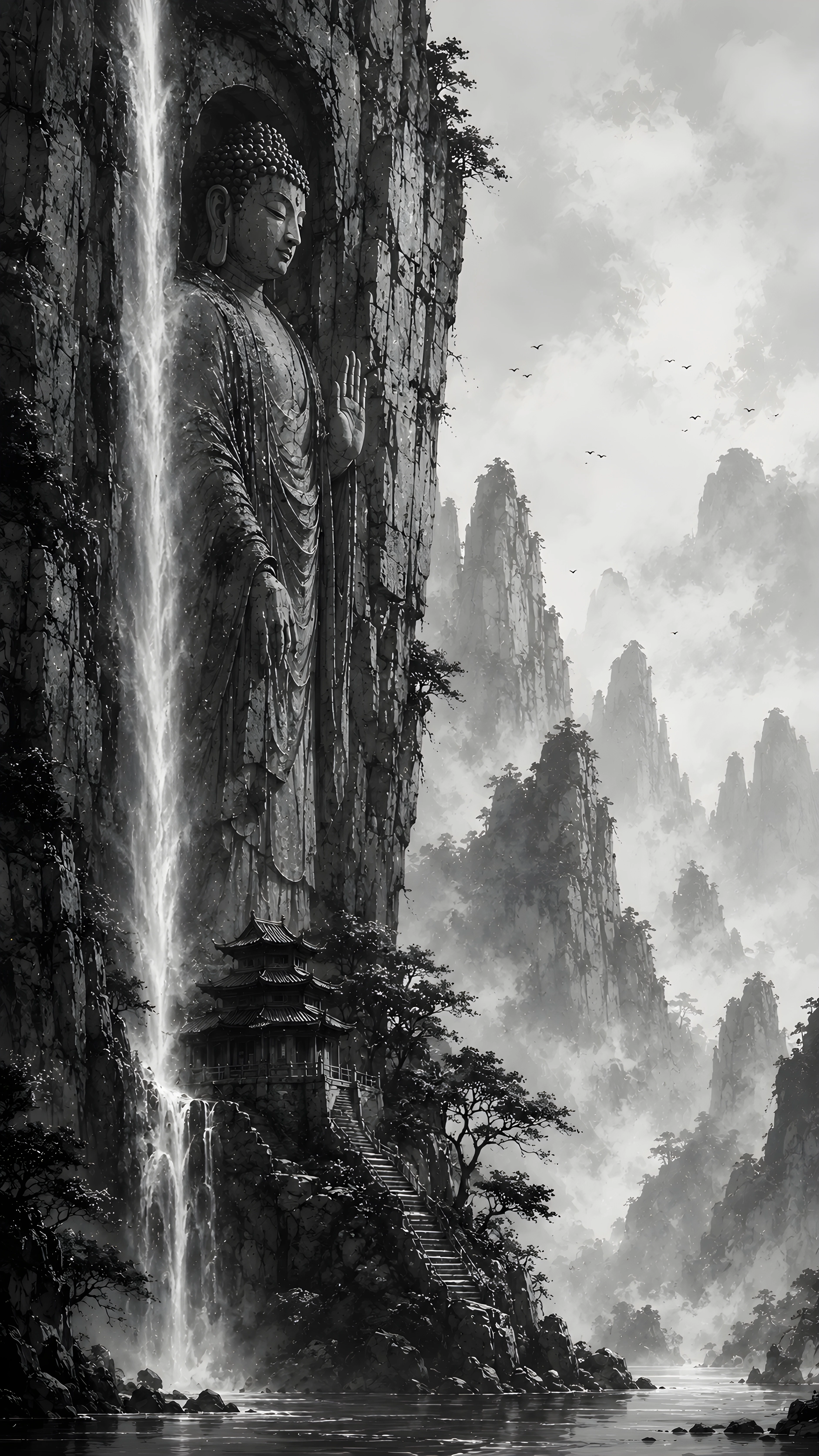 Giant Buddha Cliff 4K Wallpaper – Ancient Statue Waterfall Misty Mountains Art