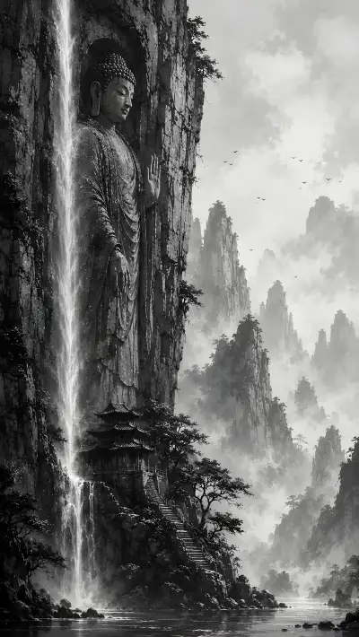 Giant Buddha Cliff 4K Wallpaper – Ancient Statue Waterfall Misty Mountains Art