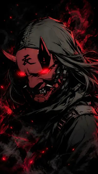 Glowing Red Eyes Oni Ninja Dark 4K Phone Wallpaper