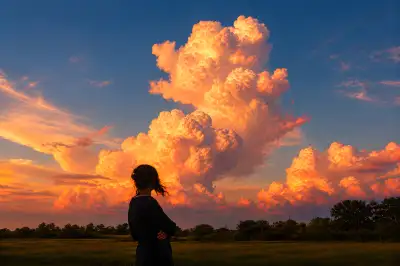 Golden Cumulus Cloud Sunset Wallpaper – Silhouette Girl Watching Storm Sky 4K