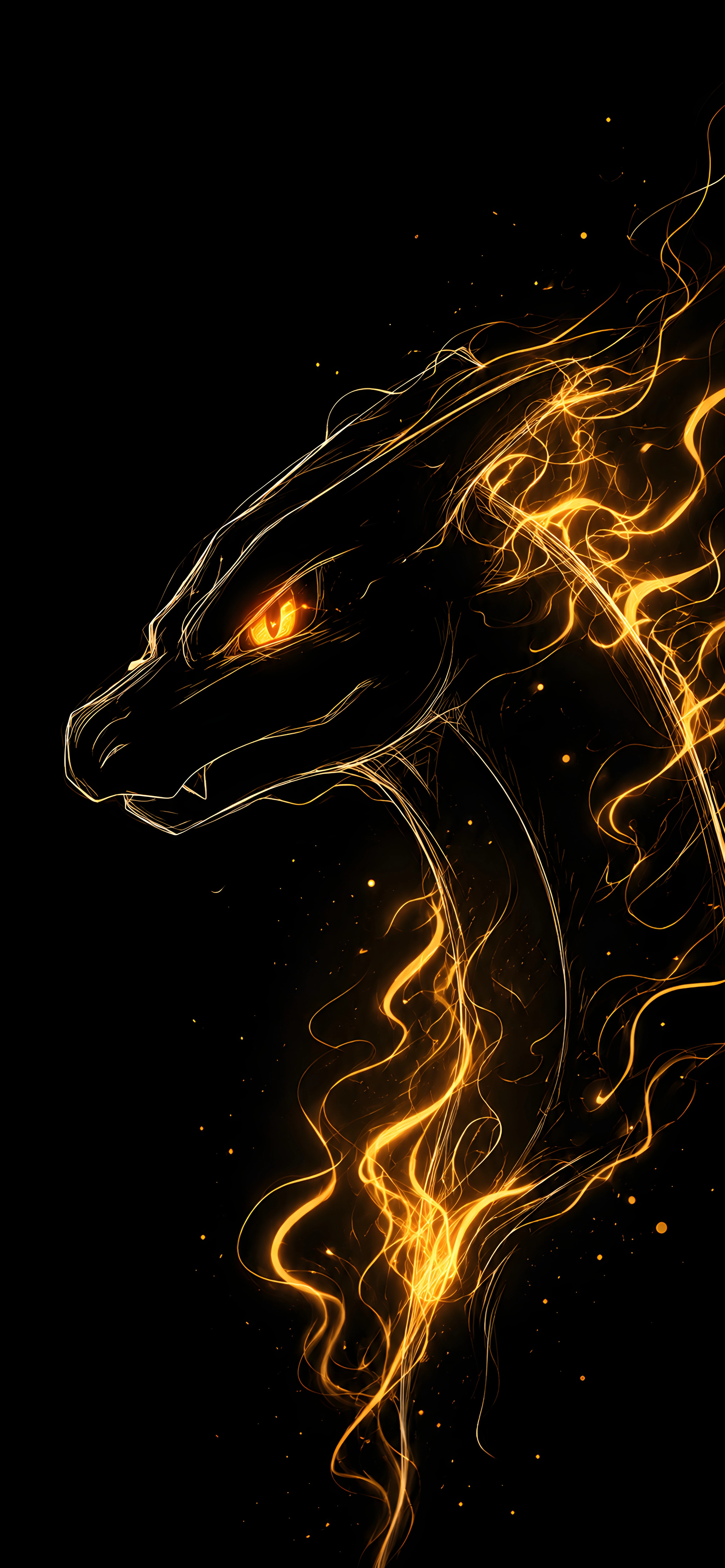 Golden Fire Dragon Line Art AMOLED Dark Wallpaper 4K