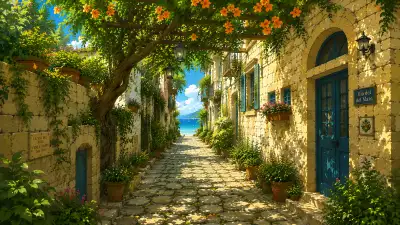 Golden Mediterranean Alley 4K Wallpaper – Sunlit Coastal Village Pathway