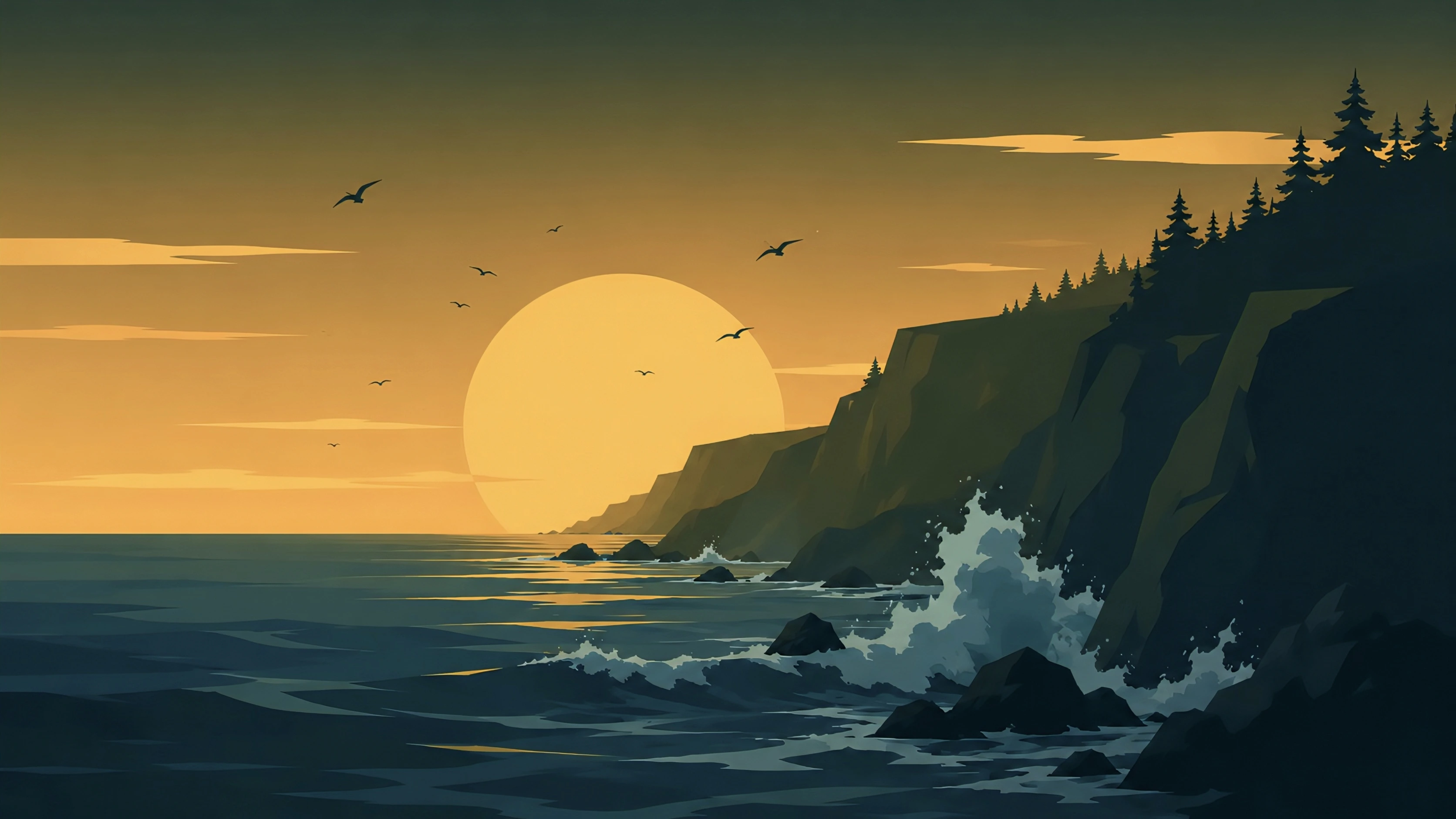 Golden Sunset Ocean Cliff Wallpaper 4K — Coastal Landscape