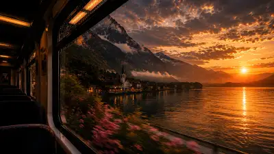 Golden Sunset Train Journey Through Swiss Alps Lakeside Village | Dreamy Window View