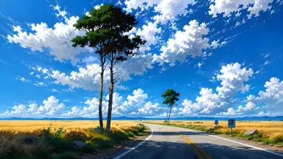 Golden Wheat Field Anime Road 4K Wallpaper – Blue Sky iPhone Background