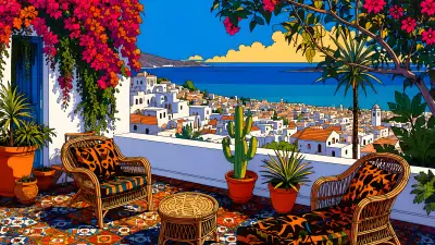 Greek Island Terrace Wallpaper 4K – Mediterranean Coastal View Art