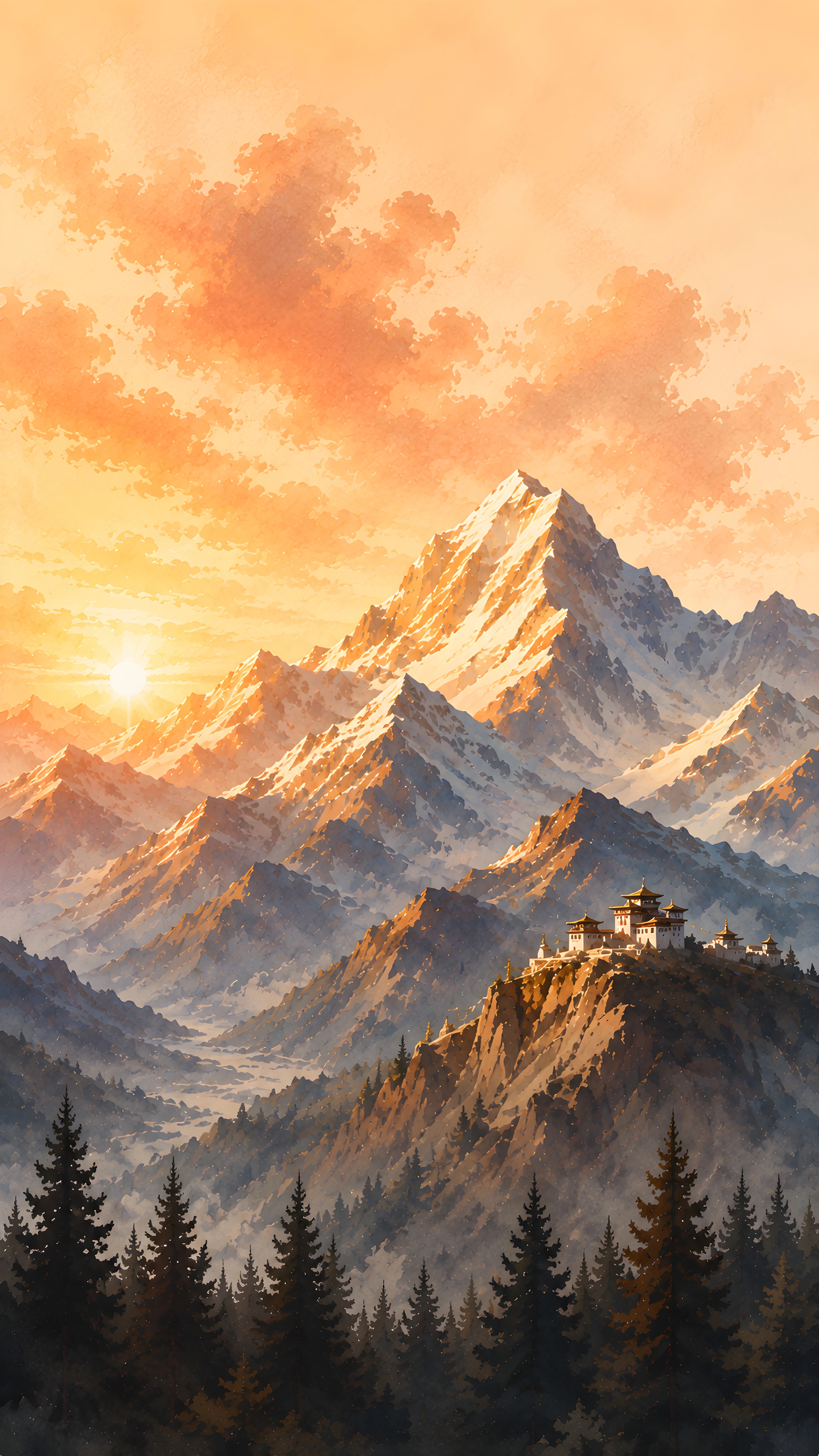 Himalayan Monastery Sunset Watercolor Wallpaper