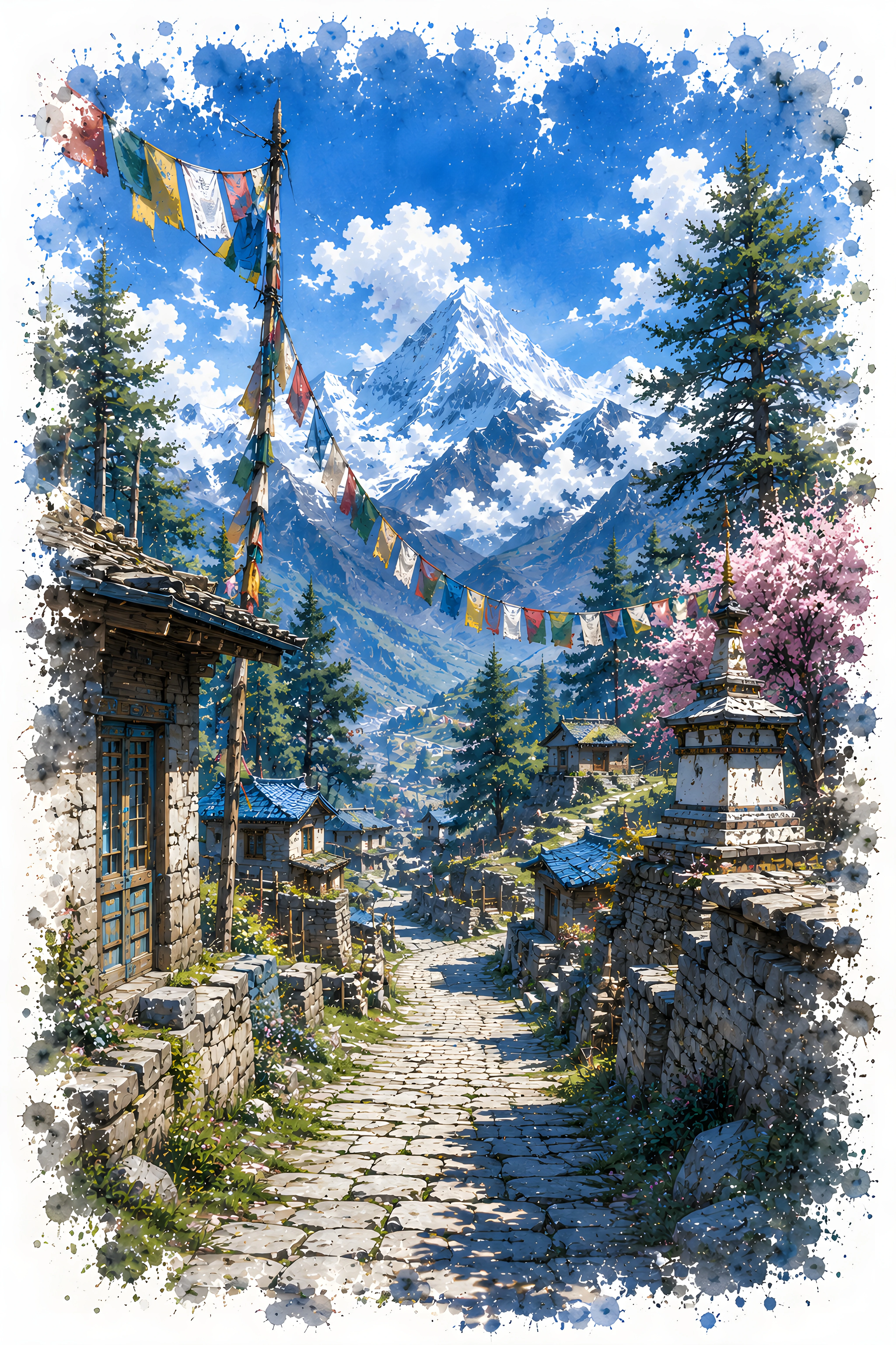Himalayan Village Prayer Flags — Nepal Mountain Trail 4K Watercolor Wallpaper