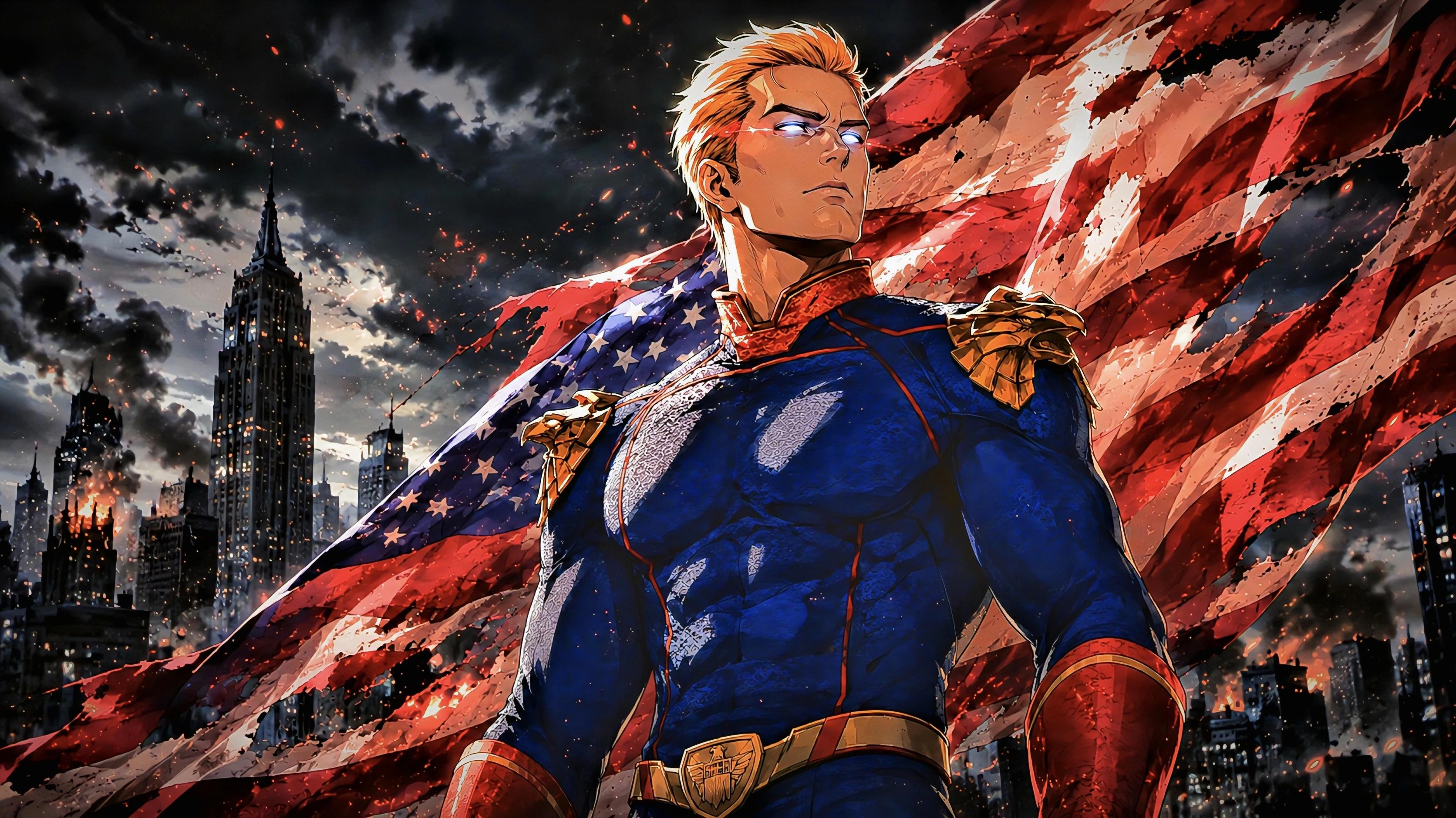 Homelander 4K Anime Wallpaper – The Boys Fan Art with American Flag & Burning City