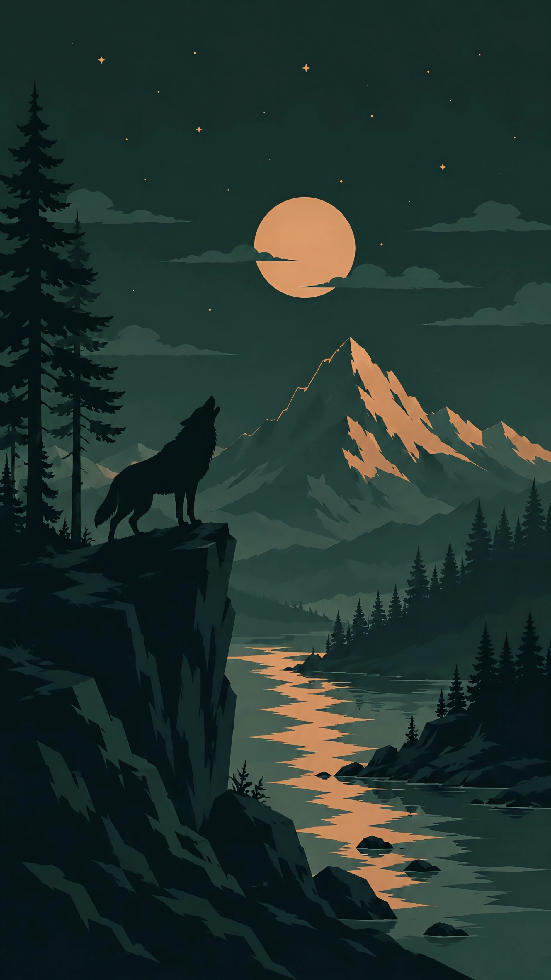 Howling Wolf Under Moonlight – Mountain Forest Wallpaper 4K