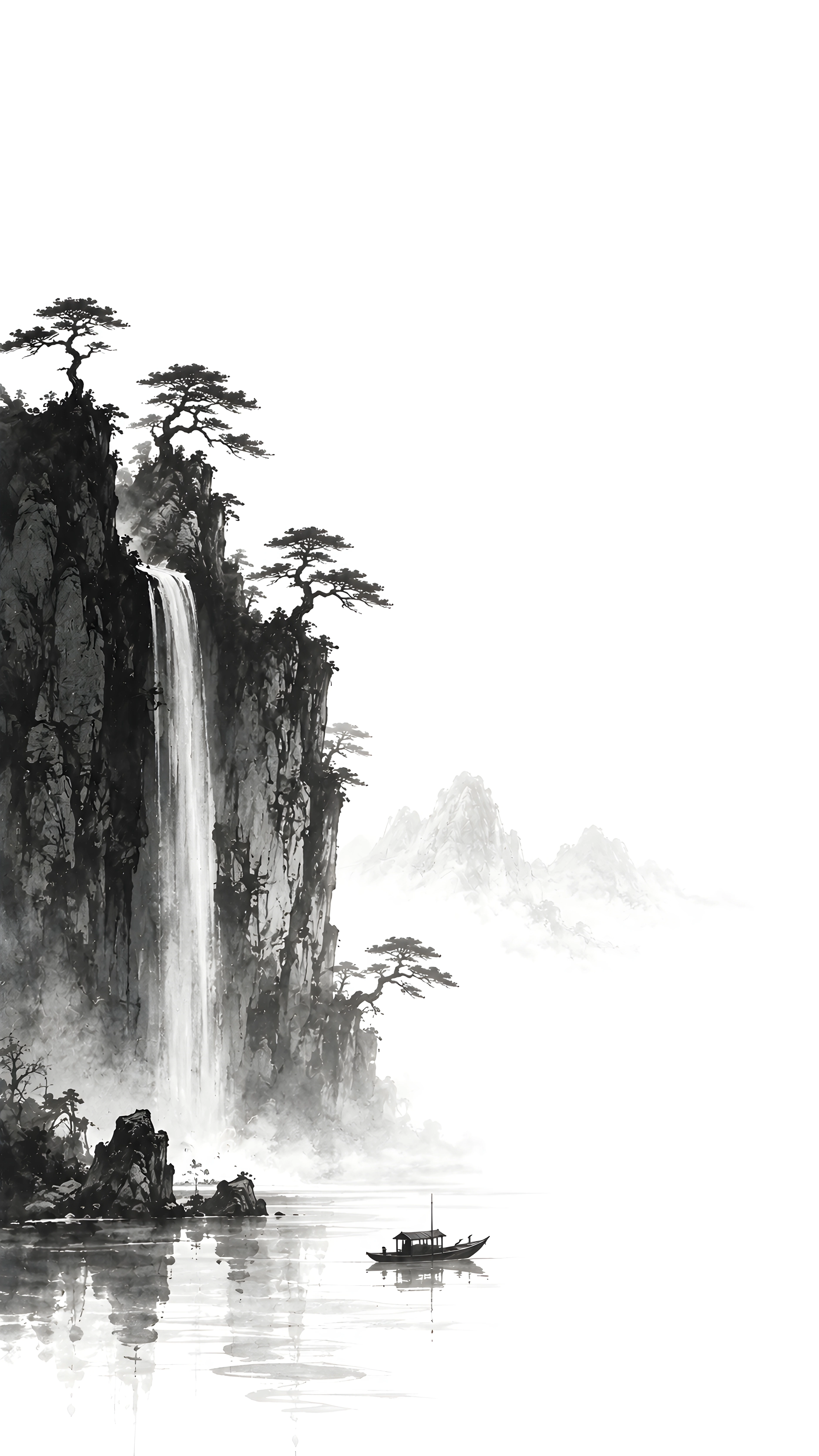 Ink Wash Waterfall 4K Wallpaper – Misty Cliff Pine Trees River Boat Art