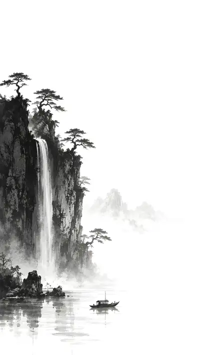 Ink Wash Waterfall 4K Wallpaper – Misty Cliff Pine Trees River Boat Art