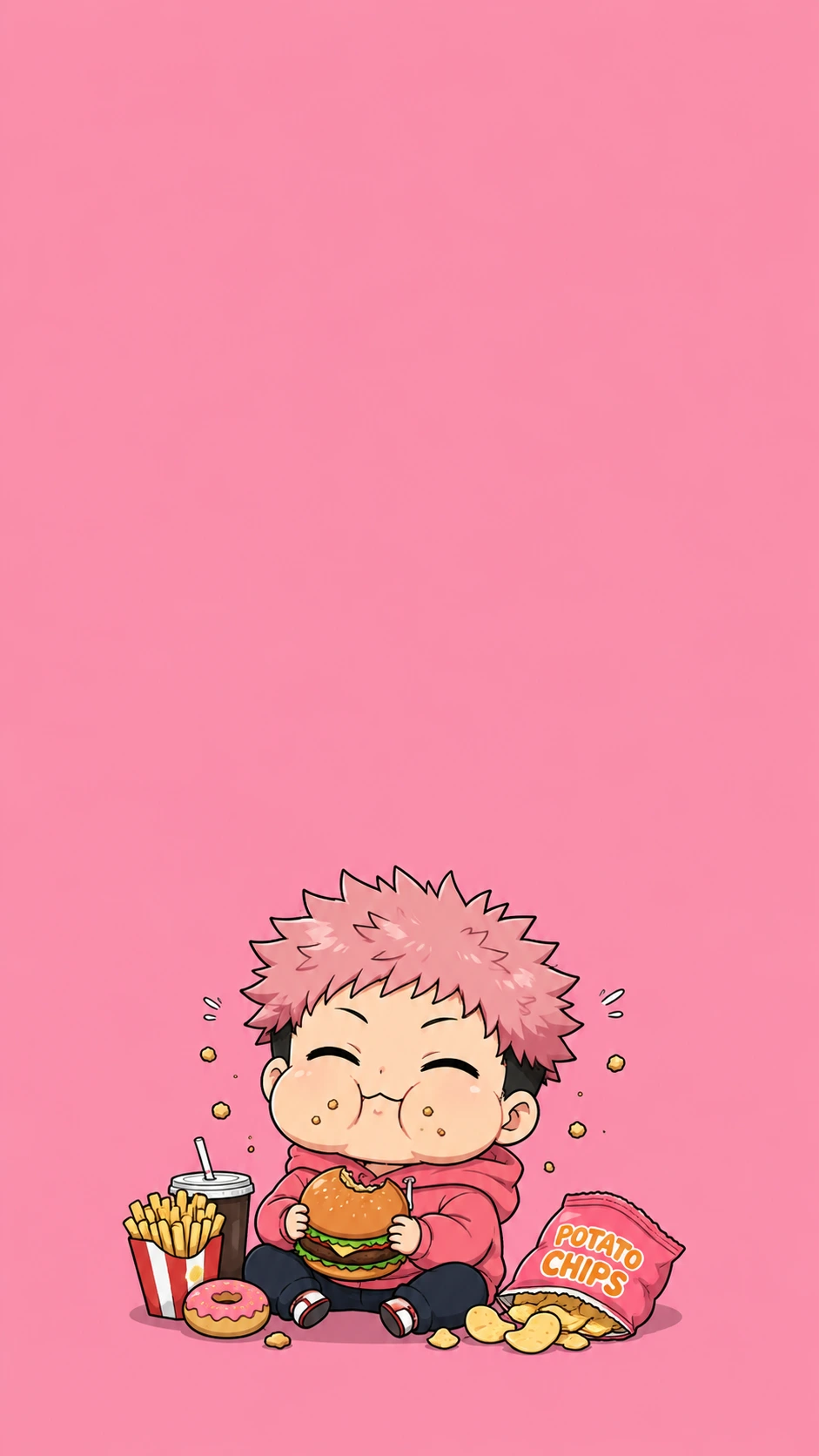 Itadori Yuji Chibi Fan Art Eating Pink 4K Wallpaper — Jujutsu Kaisen