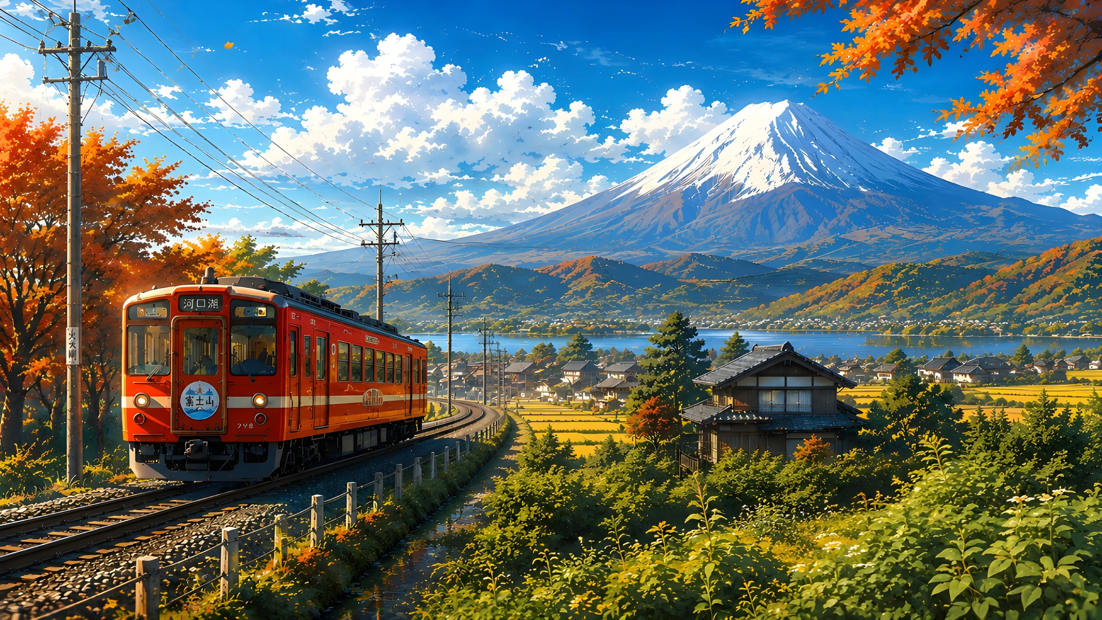 Japan Train Mount Fuji Wallpaper 4K Anime Autumn Landscape Art
