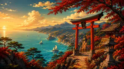 Japanese Torii Gate Sunset 4K Wallpaper – Autumn Coastal Shrine View