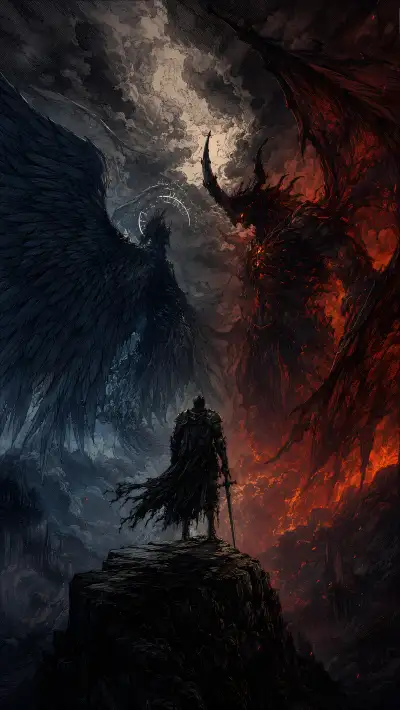 Knight Between Angel and Demon Wings 4K Dark Fantasy Wallpaper