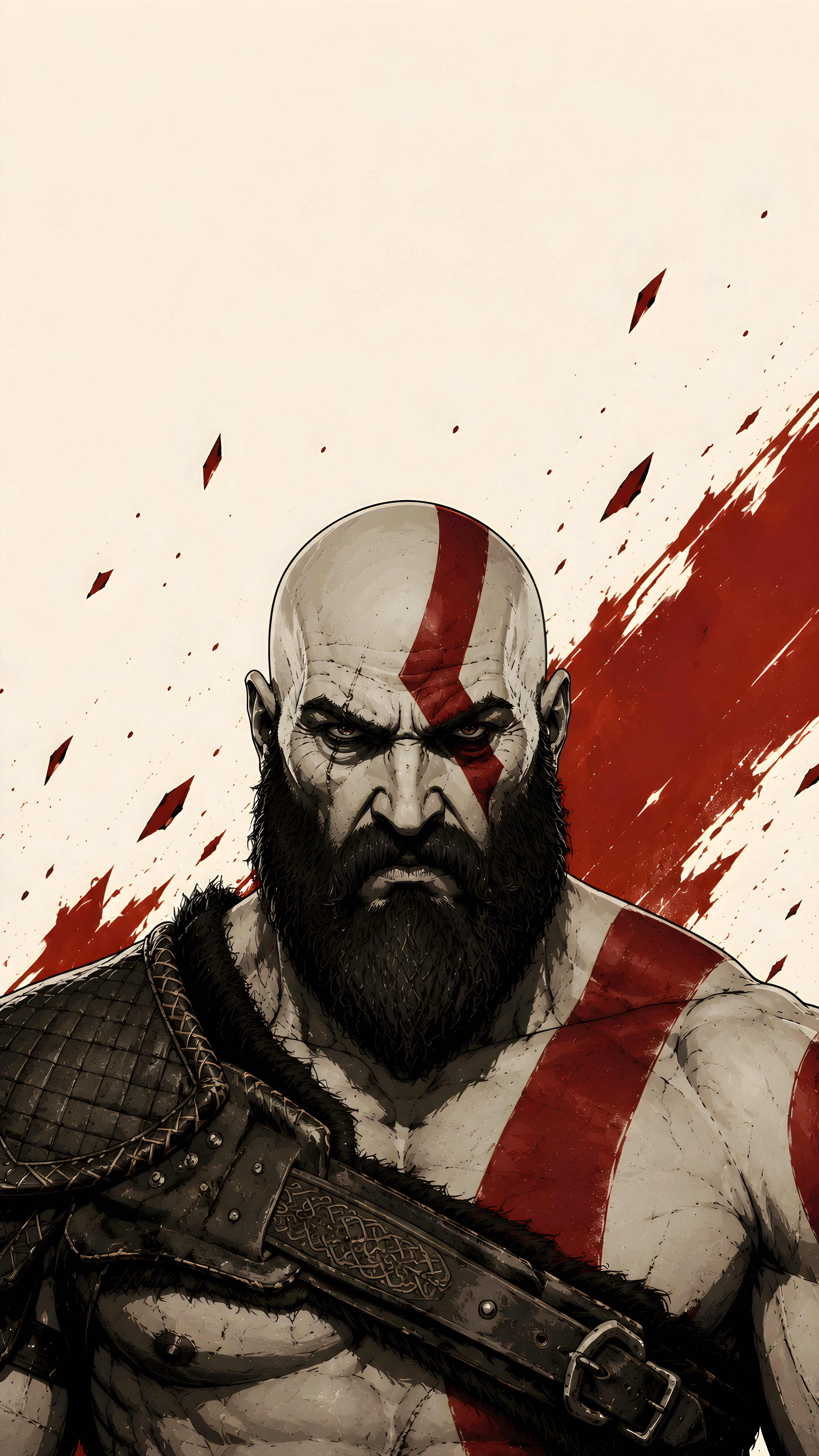 Kratos 4K Wallpaper – God of War Minimalist Graphic Art Red & White Portrait