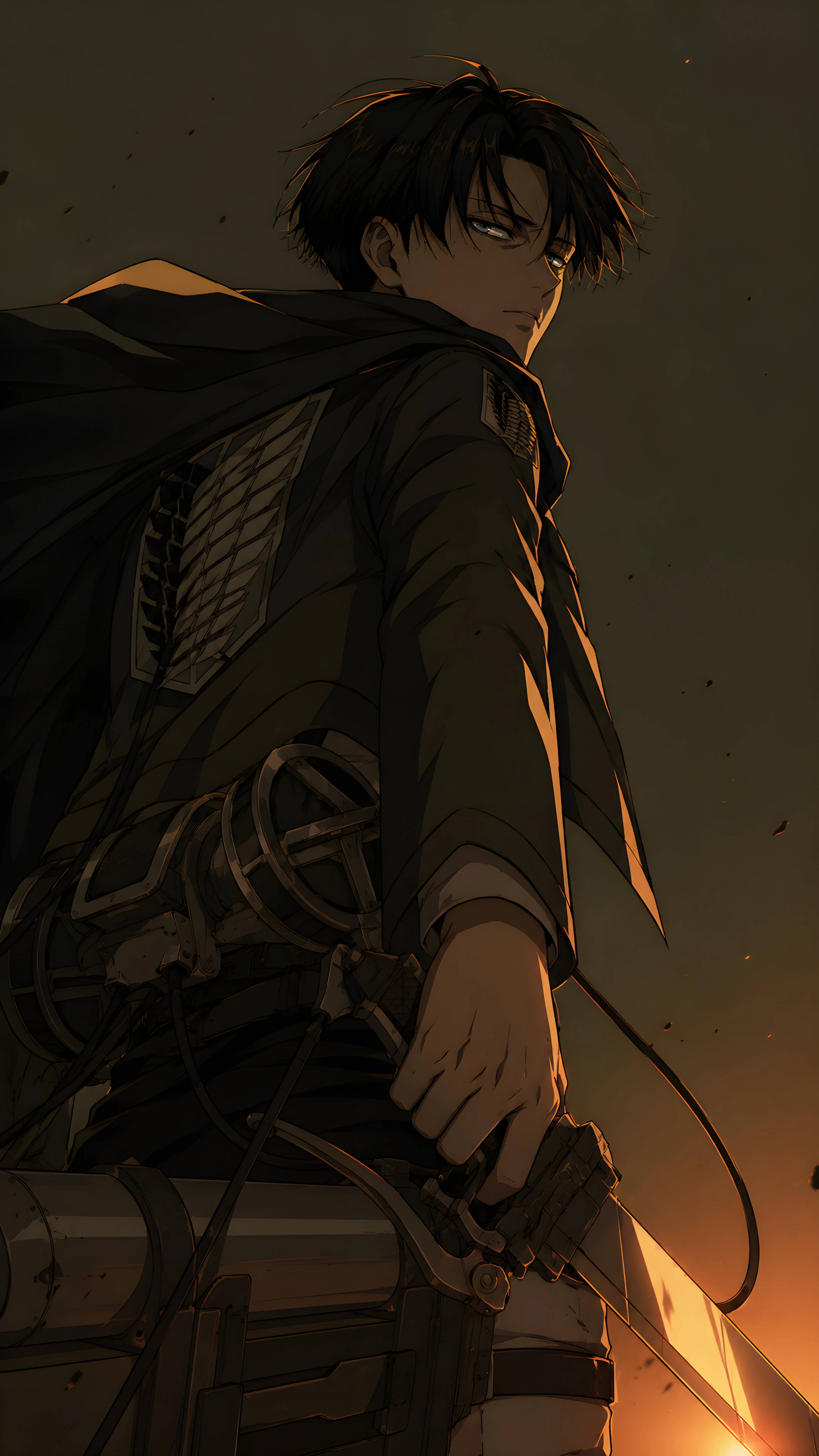 Levi Ackerman Amber Firelight Sword Grip Back View 4K Anime Wallpaper