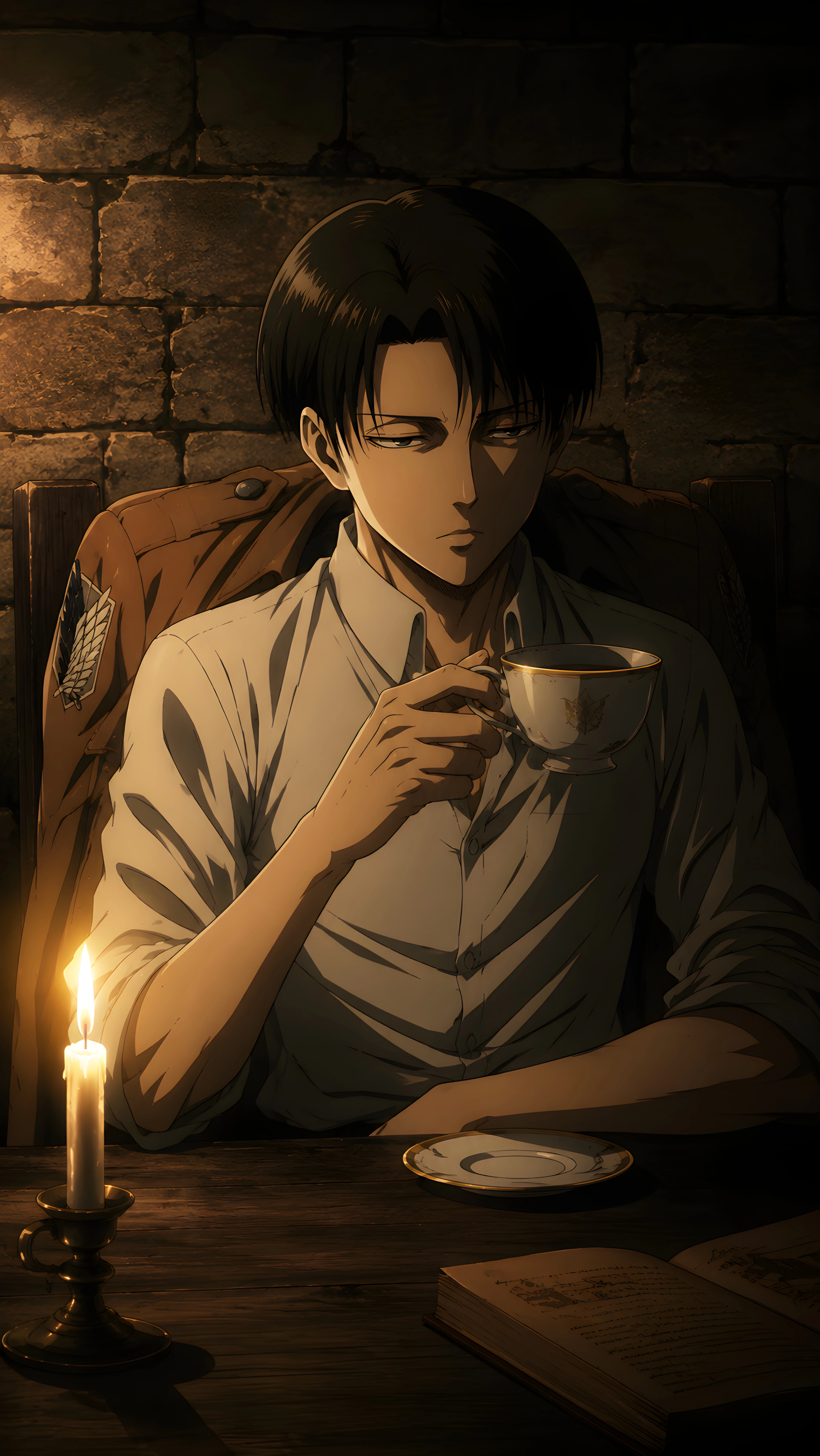 Levi Ackerman Candlelight Tea Scene 4K Anime Wallpaper