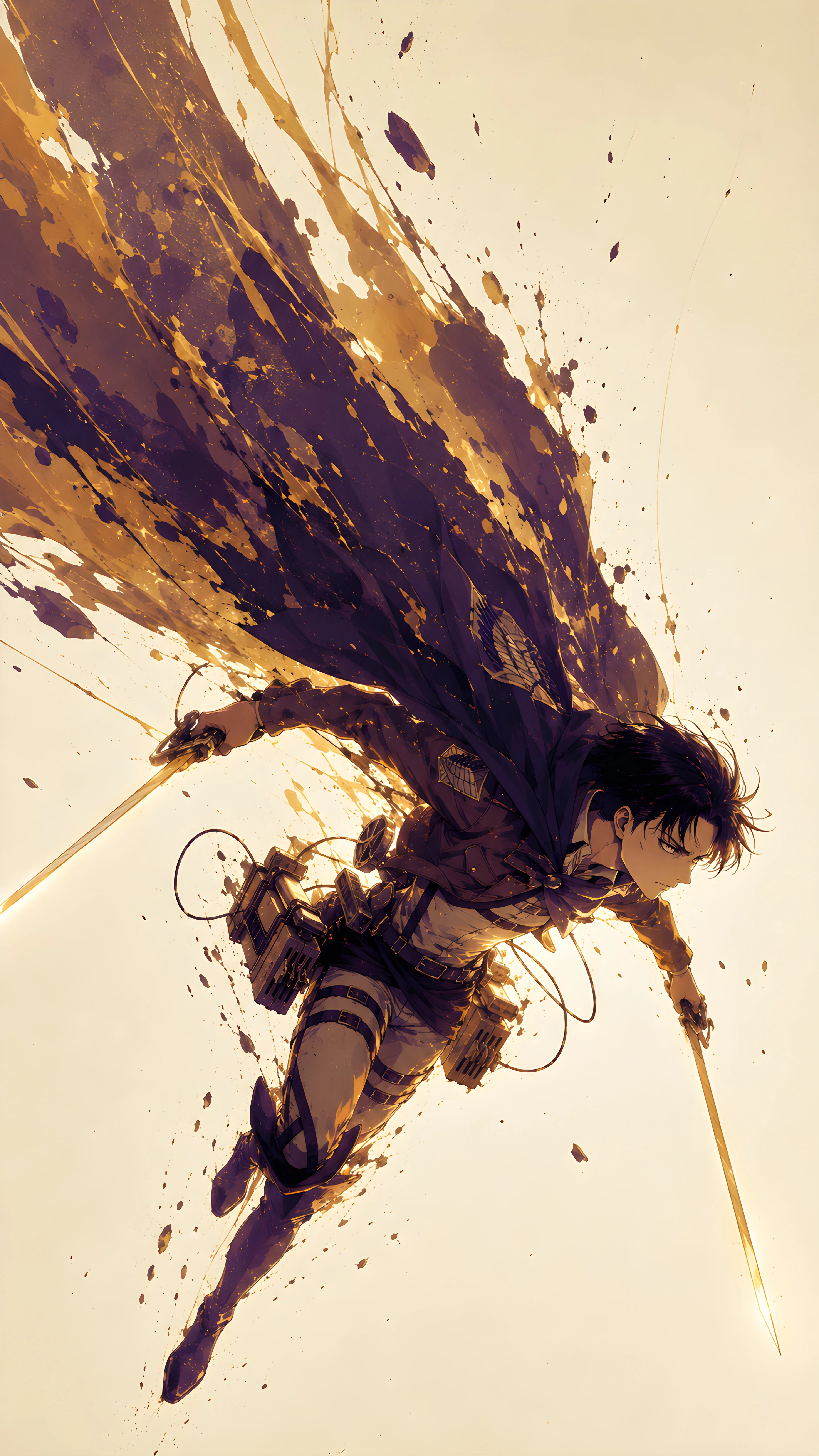 Levi Ackerman Flying Action Gold Ink Splash 4K Anime Wallpaper