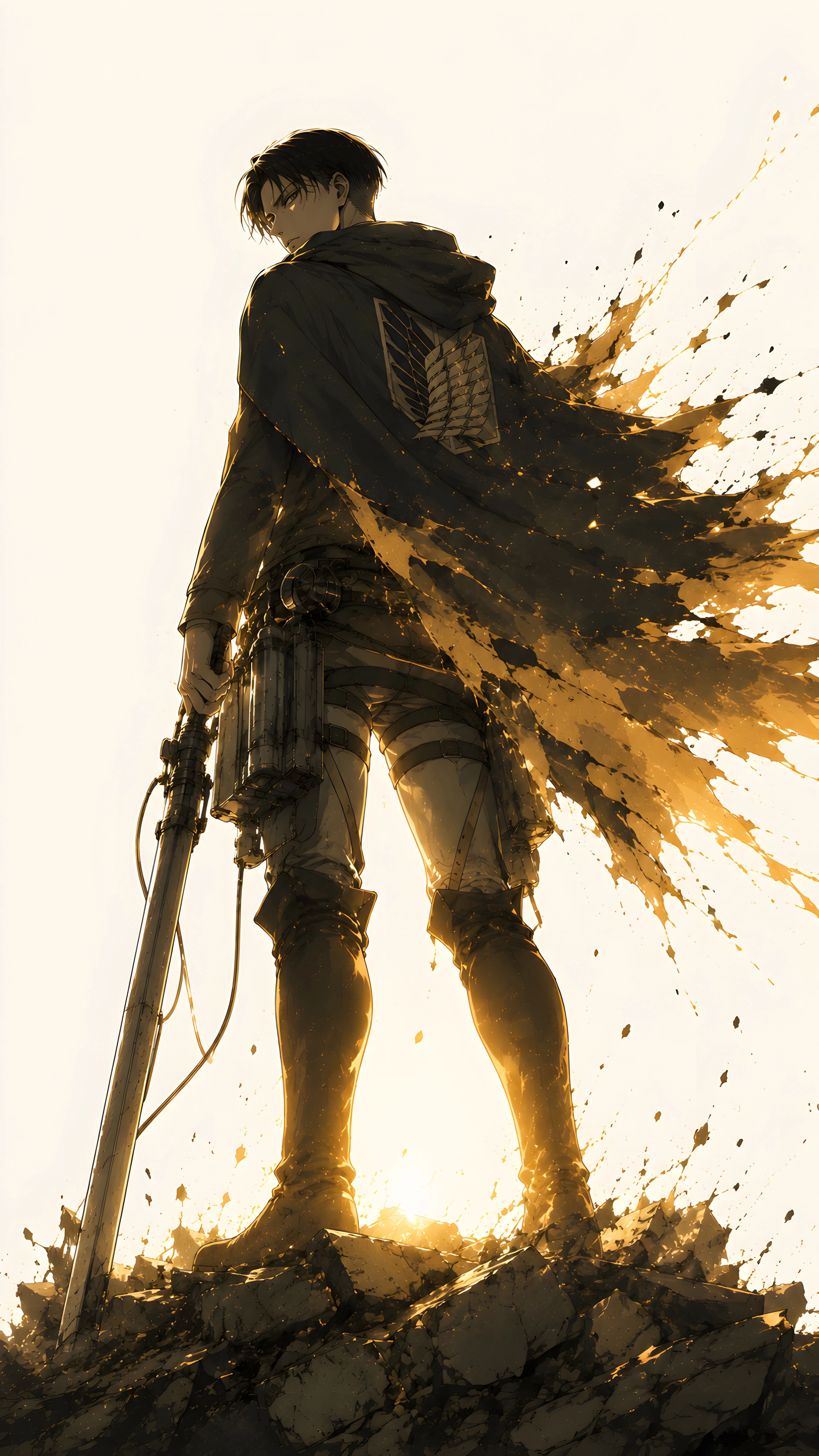 Levi Ackerman Golden Ink Splash Standing 4K Anime Wallpaper