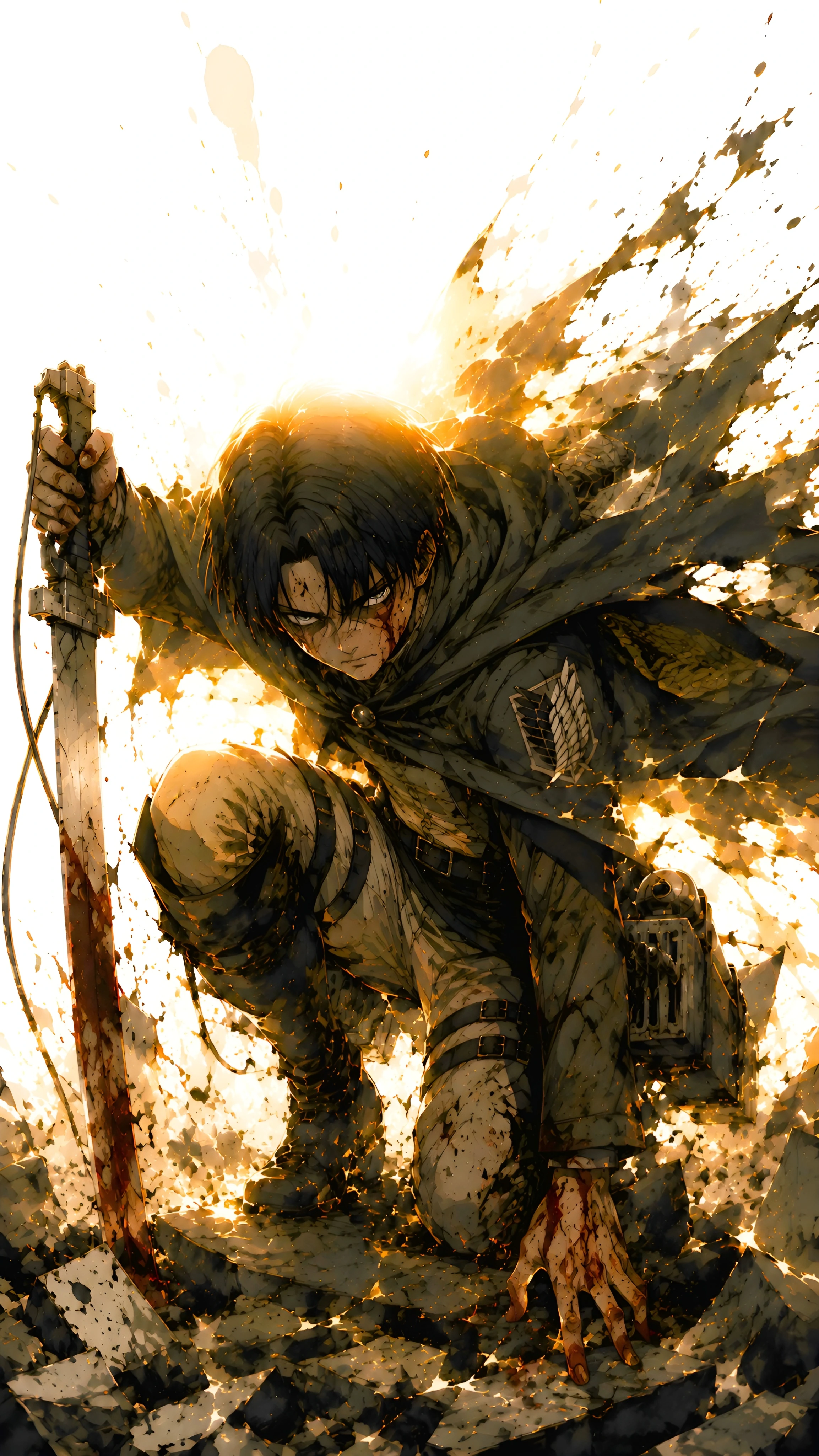 Levi Ackerman Kneeling Battle Dark Ink Explosion 4K Wallpaper