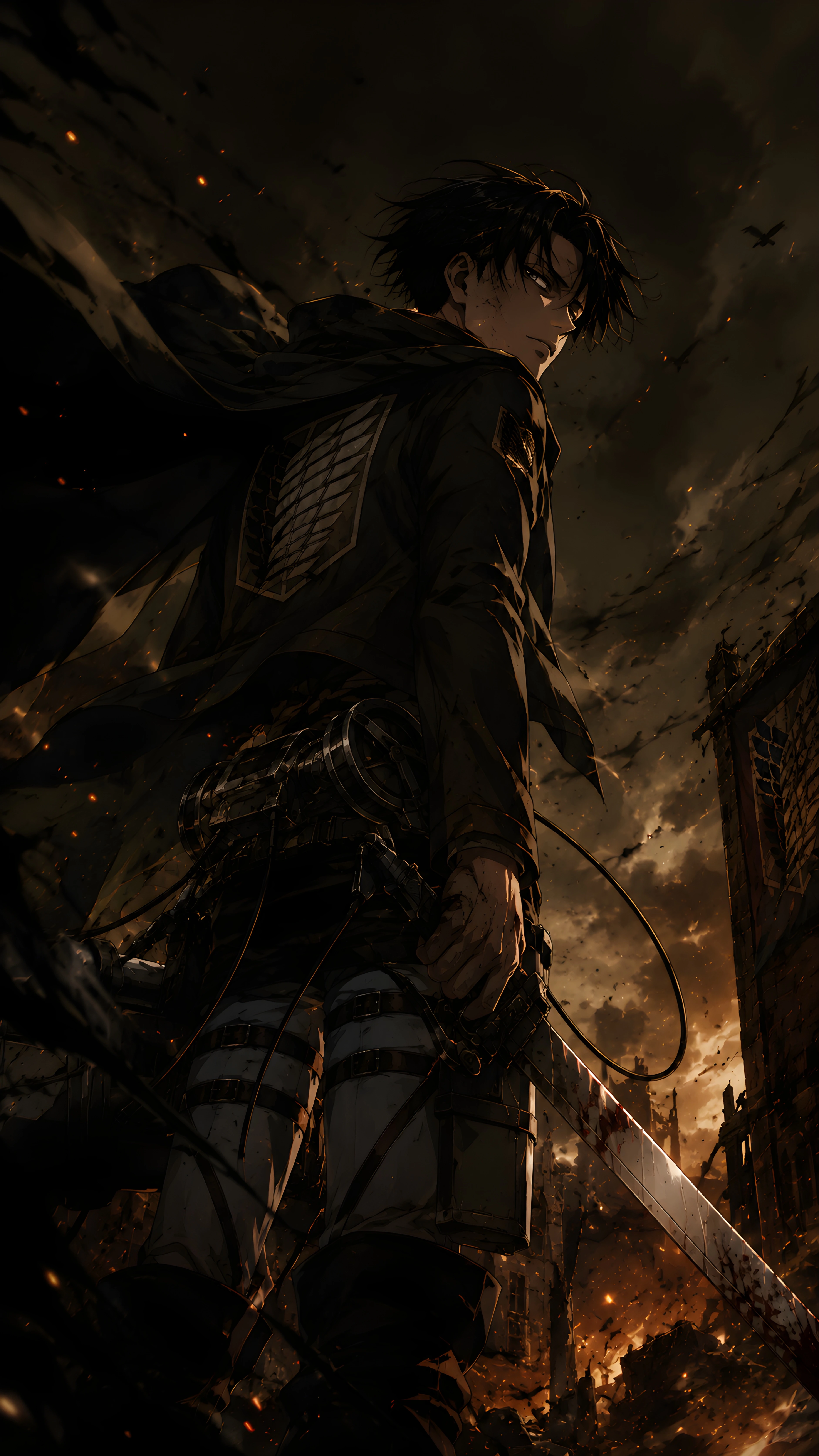 Levi Ackerman Low Angle Burning City Back Glance 4K Anime Wallpaper