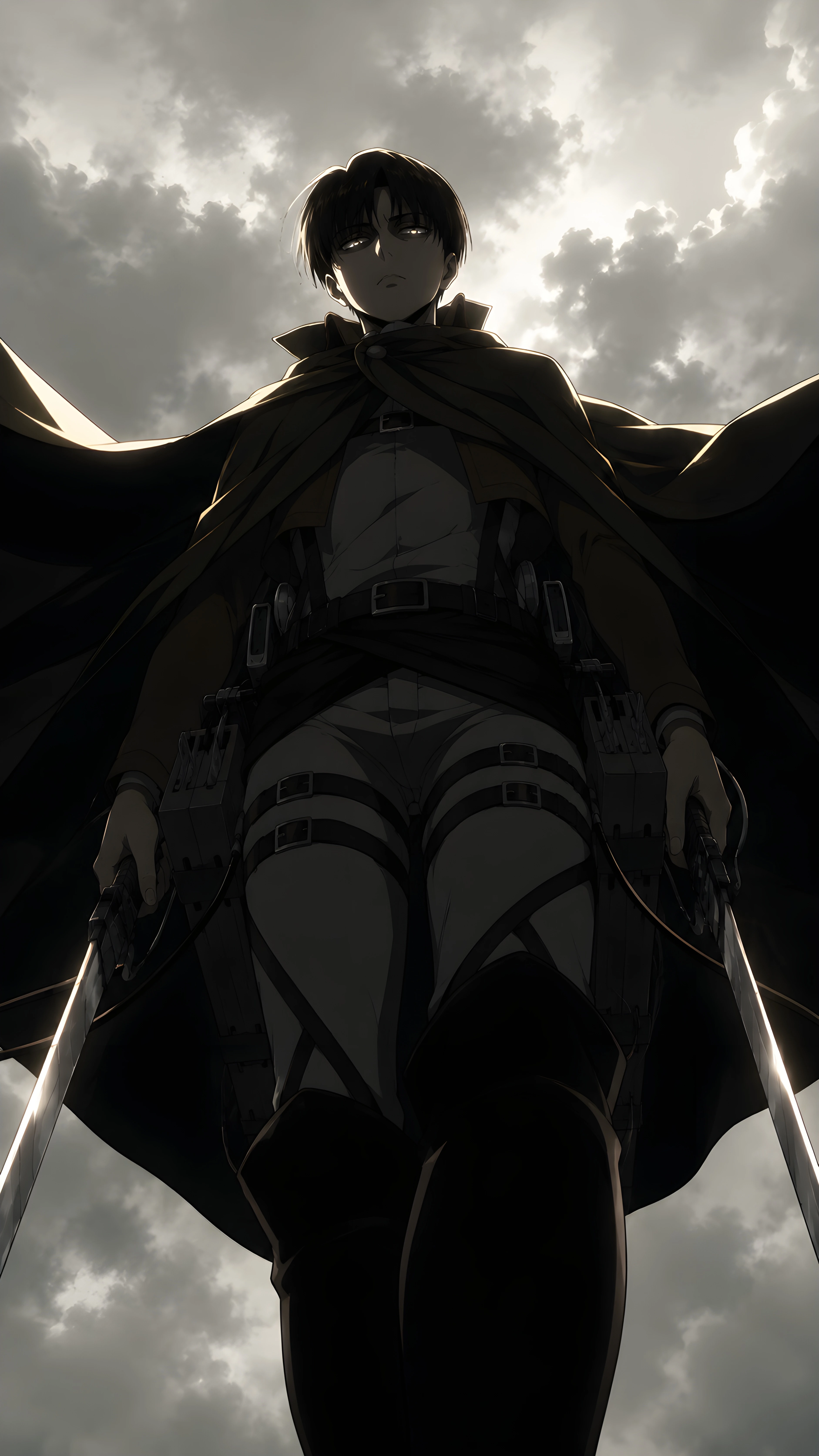 Levi Ackerman Low Angle Heroic Stance Stormy Sky 4K Wallpaper