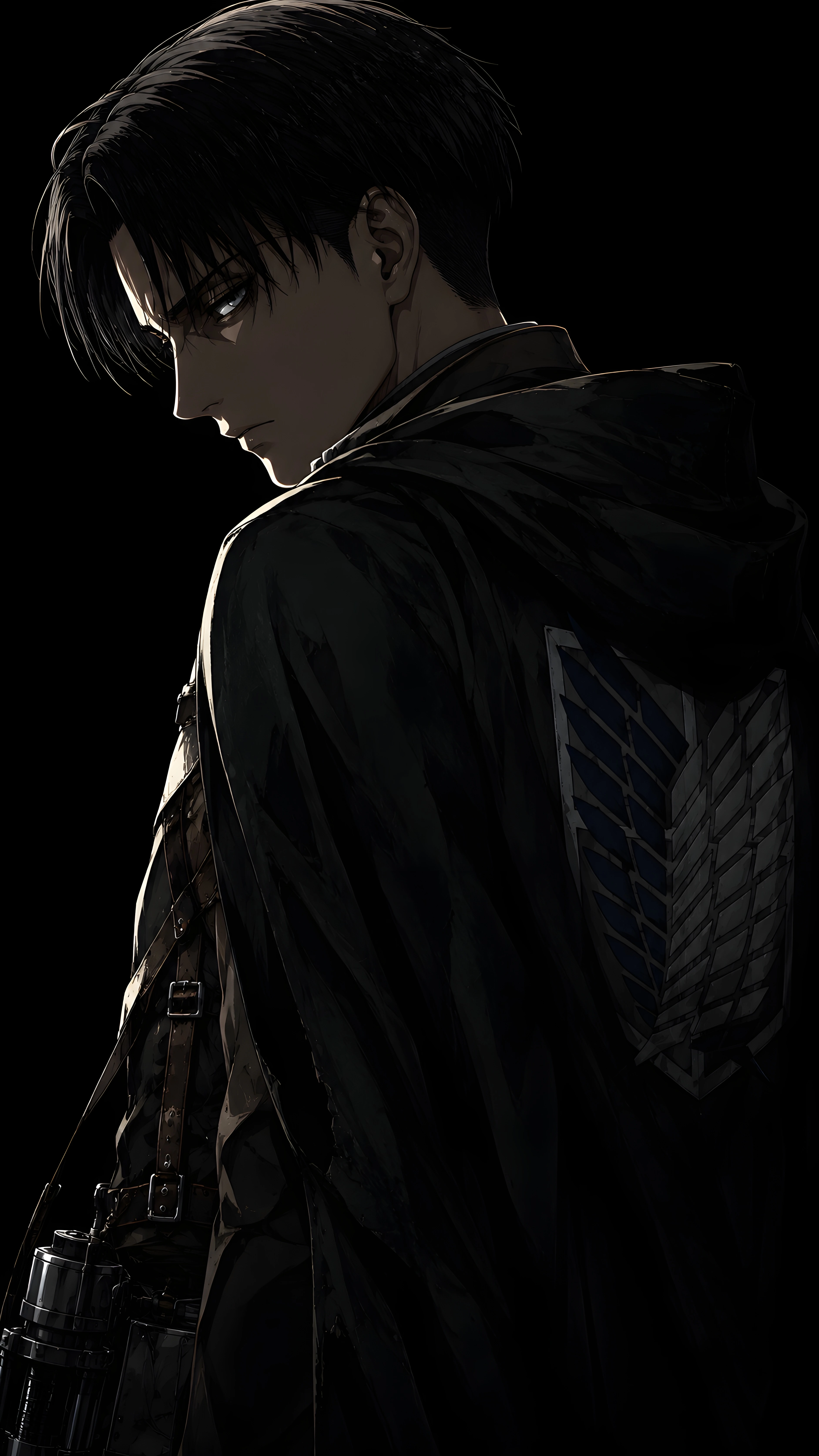Levi Ackerman Side Profile Black AMOLED Survey Emblem 4K Wallpaper