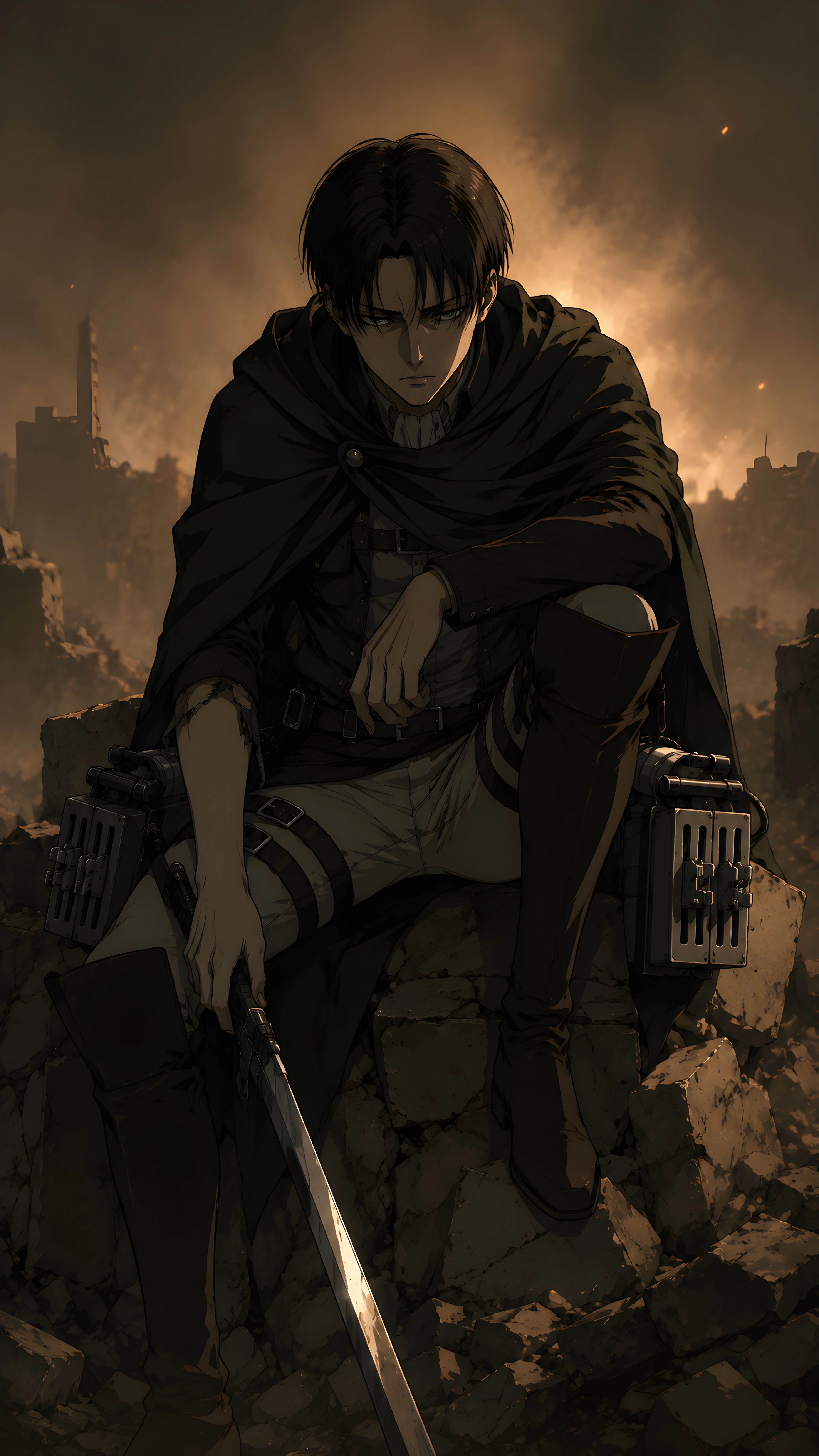 Levi Ackerman Sitting on Ruins Battlefield 4K Dark Anime Wallpaper