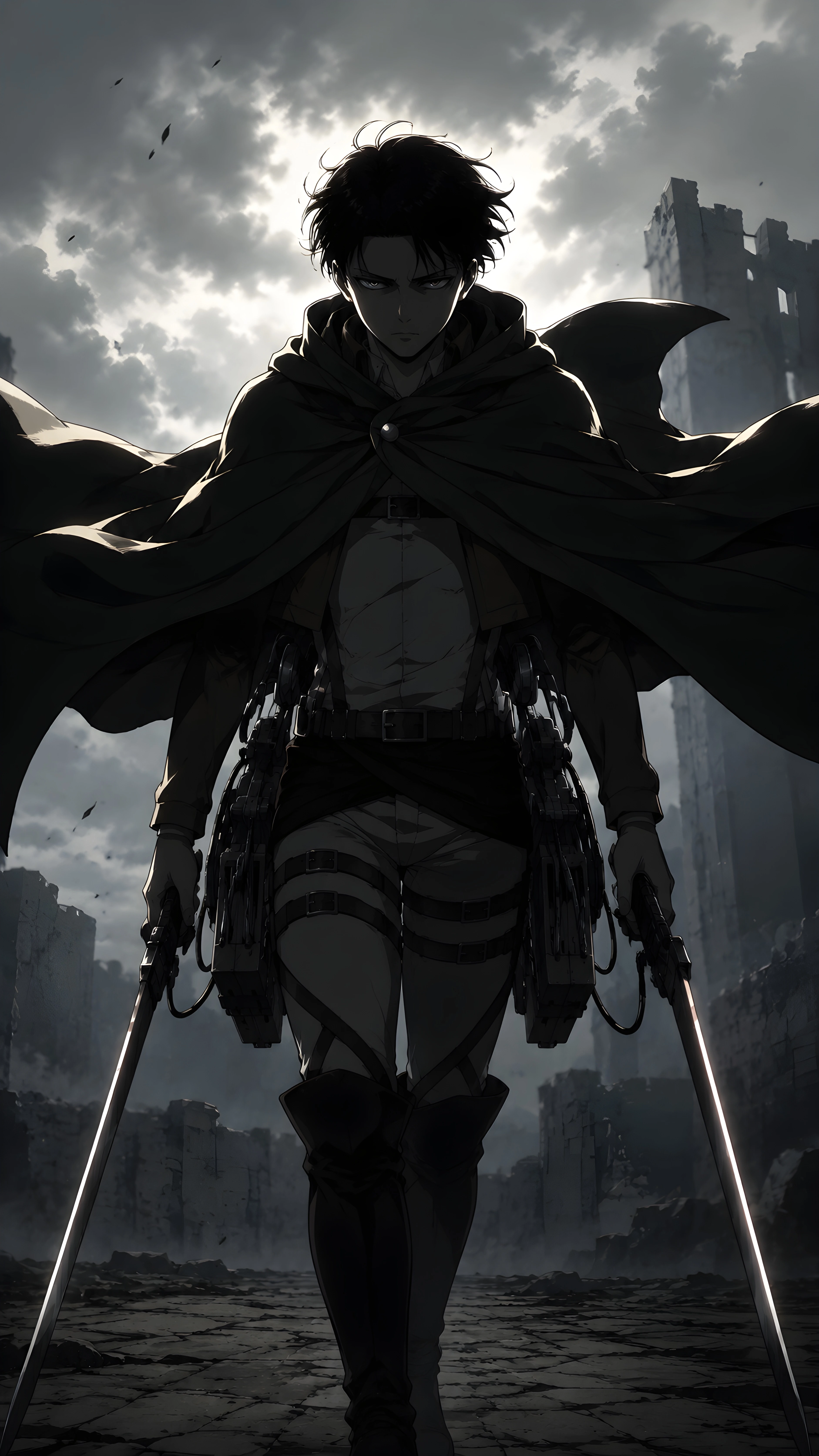 Levi Ackerman Walking Through Ruins Monochrome 4K Anime Wallpaper
