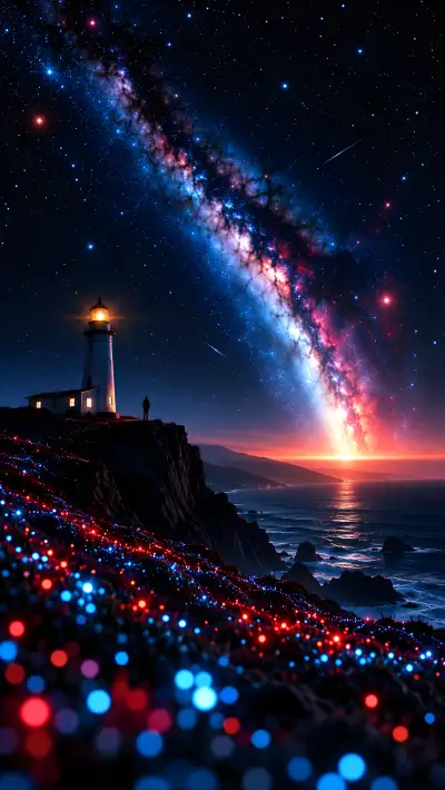 Lighthouse at the Edge of the Galaxy – Milky Way Ocean Wallpaper 4K