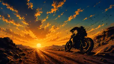 Lone Rider Desert Sunset 4K Wallpaper — Motorcycle Silhouette Anime Art