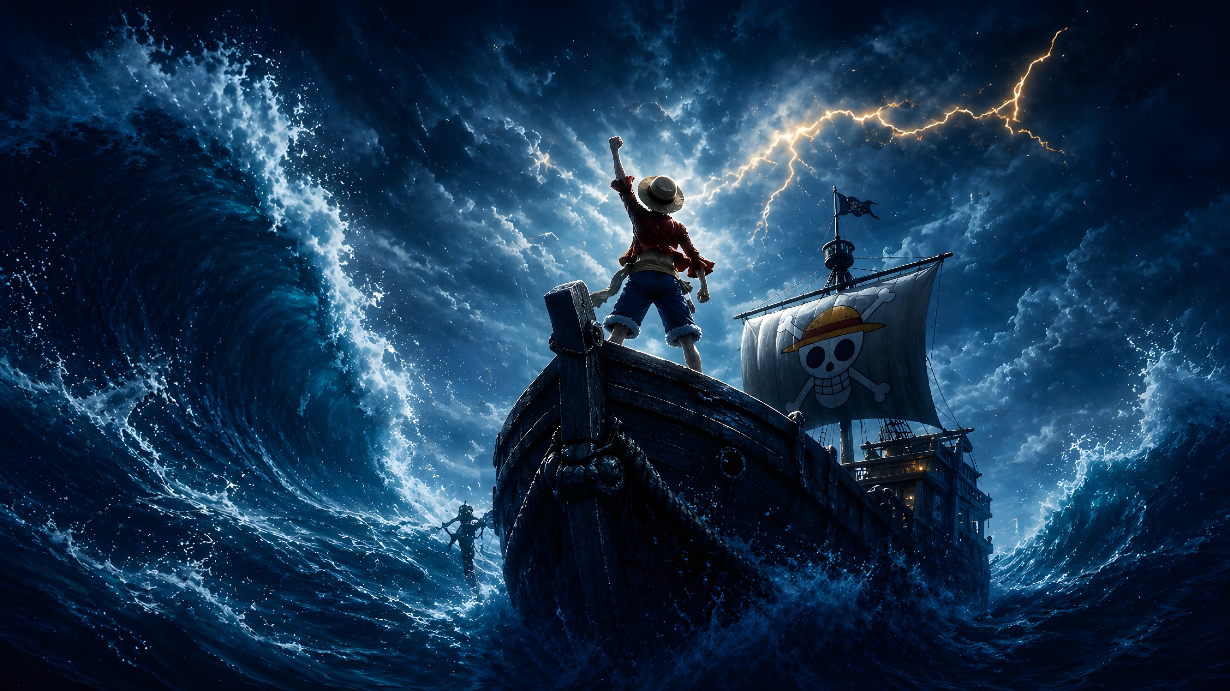 Luffy Ship Bow Fist Raised 4K Wallpaper — Ocean Storm 4K Wallpaper — WallNest HD AI