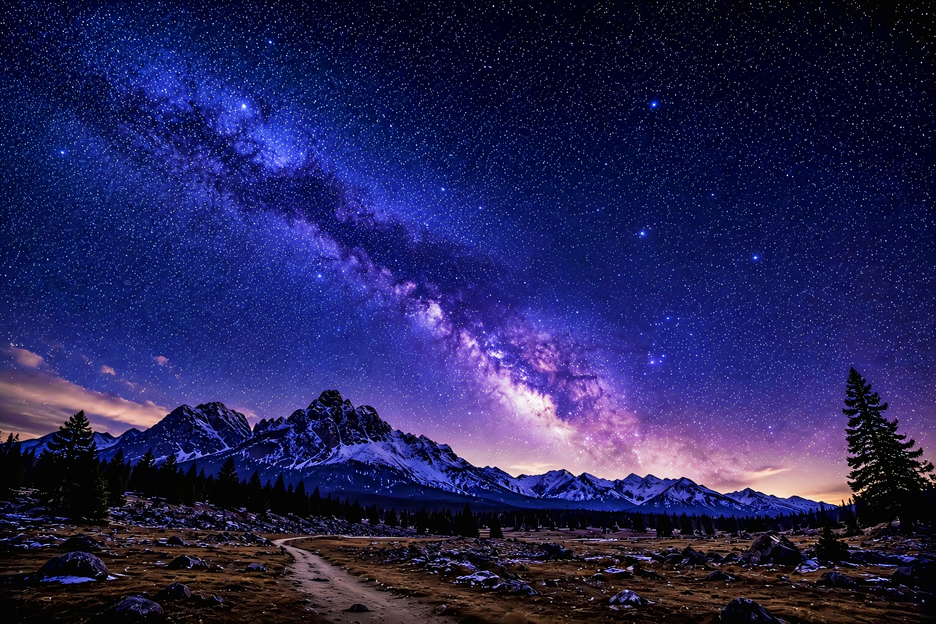 Milky Way Over Snow Mountains 4K Wallpaper — Night Sky Galaxy 4K Wallpaper — WallNest HD AI