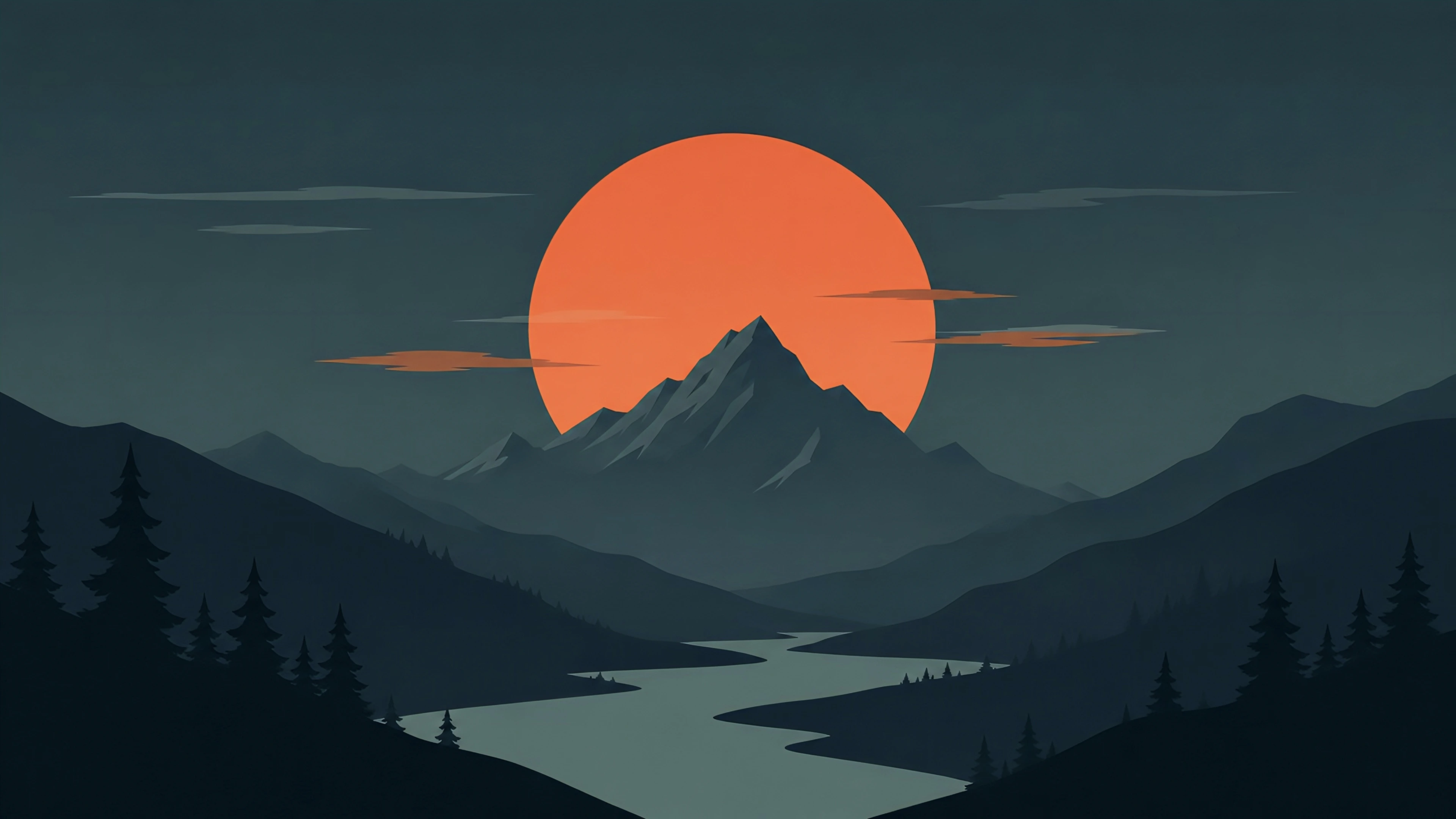 Minimalist Mountain Sunset Wallpaper 4K – Red Sun River Landscape