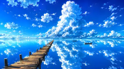 Mirror Lake Anime Wallpaper 4K – Dreamy Blue Sky Reflection