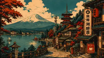 Mount Fuji Village Wallpaper – Retro Japanese Ukiyo-e Style 4K