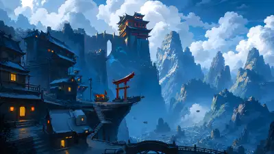 Mystic Mountain Village 4K Wallpaper – Fantasy Torii Gate Cliffside