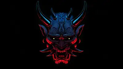 Neon Blue Red Oni Mask Minimal Dark 4K Desktop Wallpaper