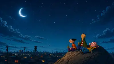 Night Sky Rooftop Hangout Wallpaper - Cartoon Friends Stargazing 4K