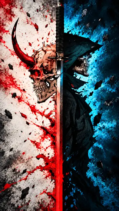Oni Skull vs Grim Reaper Split Katana 4K Wallpaper