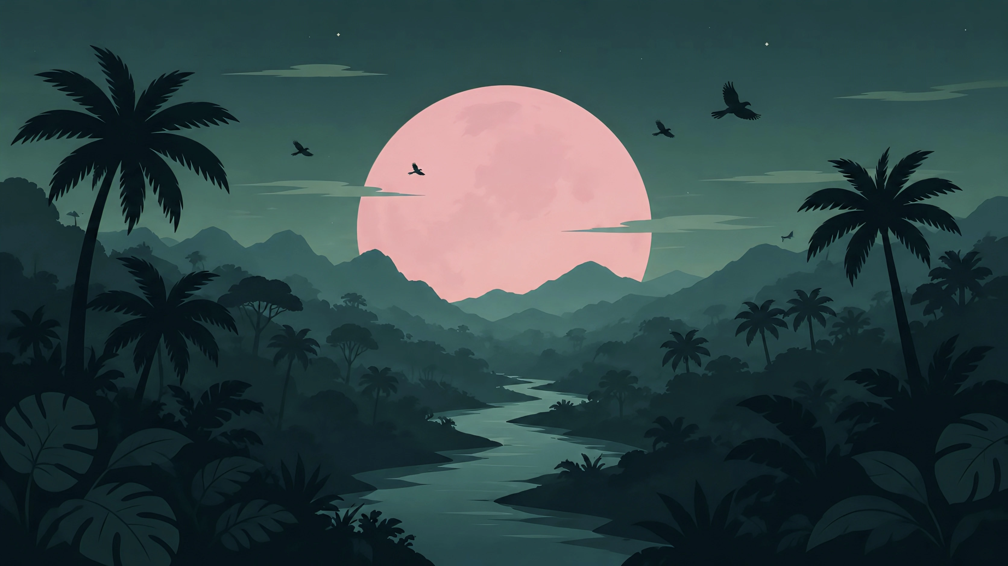 Pink Moon Jungle Wallpaper 4K — Tropical Night Landscape
