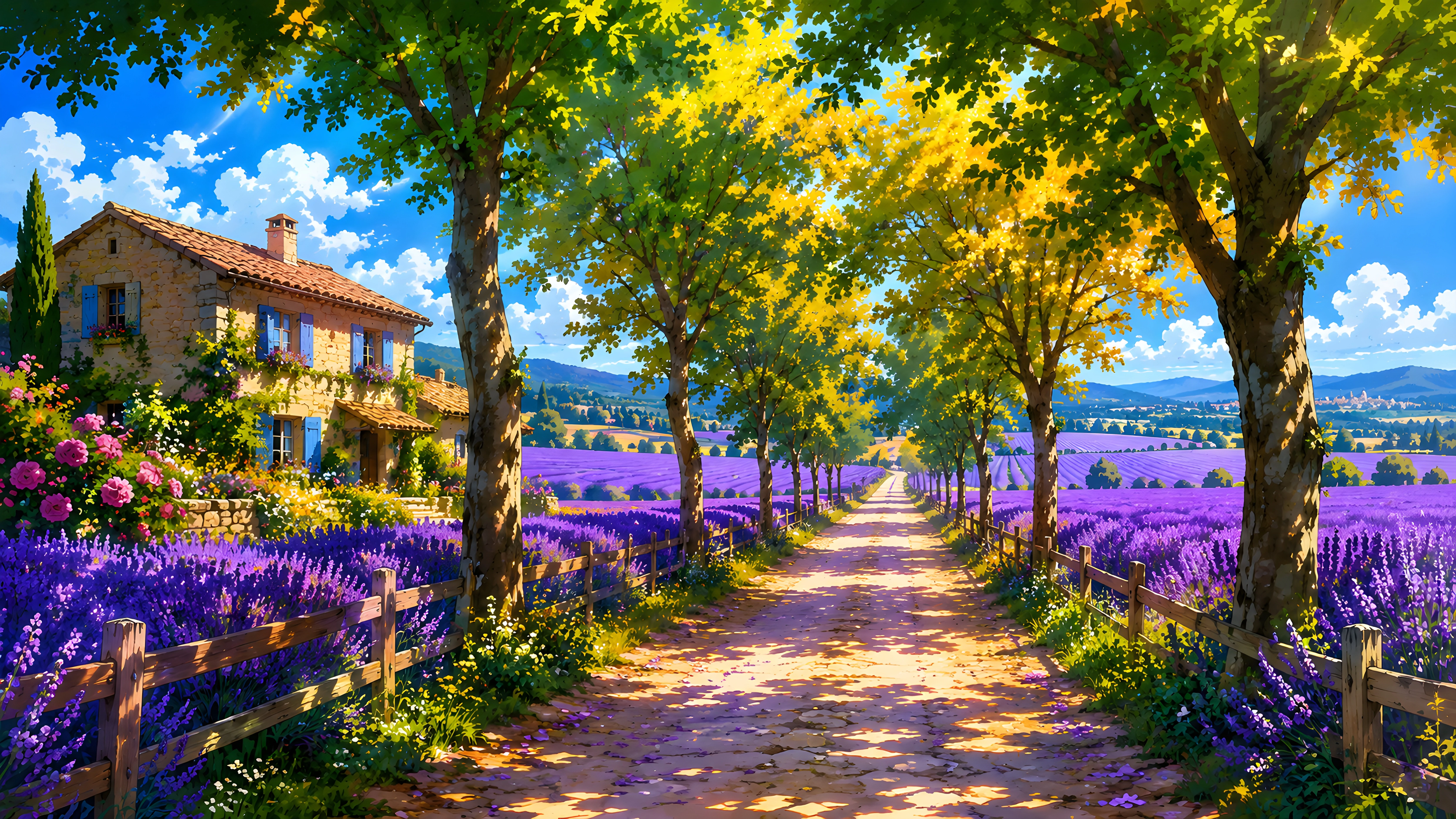 Provence Lavender Field Cottage Path - Dreamy Countryside Wallpaper 4K