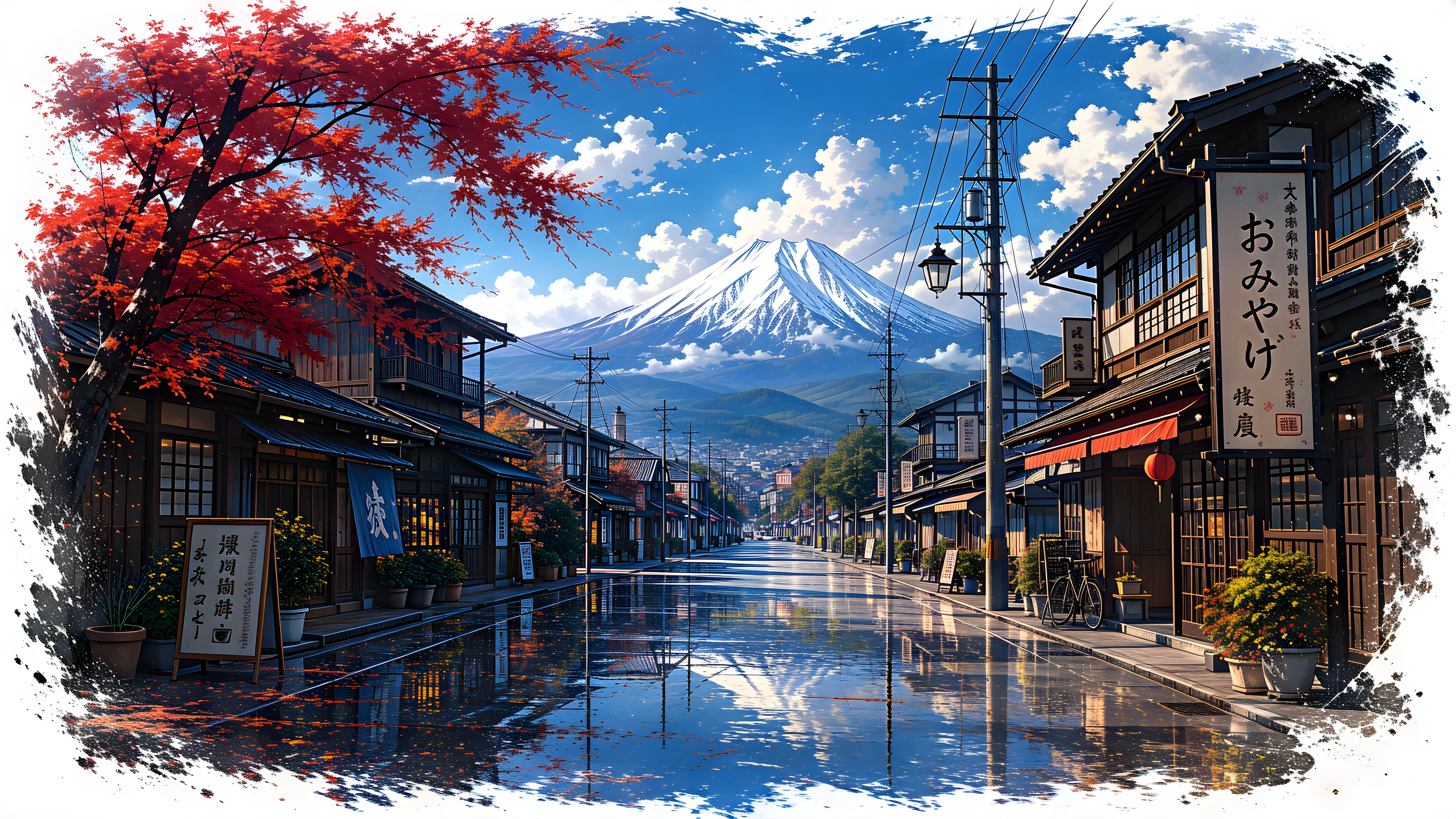 Rainy Day Japanese Street with Mount Fuji — Watercolor Anime 4k Wallpaper