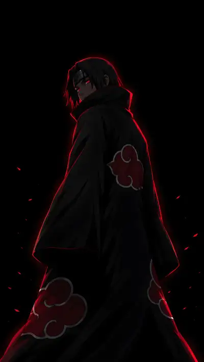 Red Aura Silhouette 4K Wallpaper – Itachi Uchiha Cloak Back View