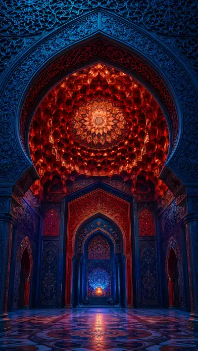 Red Blue Palace Hall 4K Wallpaper – Indian Architecture Dome Interior