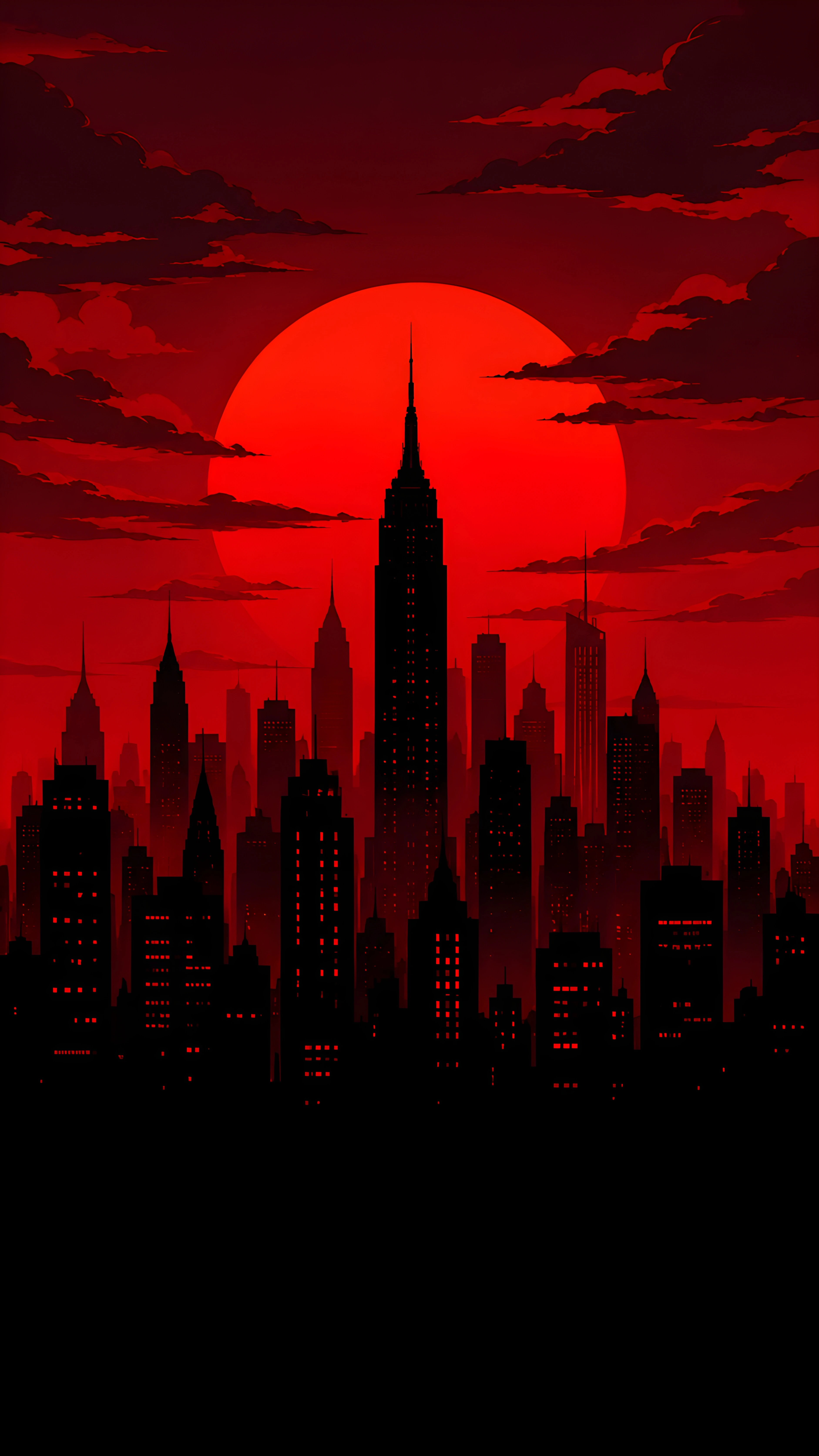 Red Moon NYC Skyline Minimalist Wallpaper 4K
