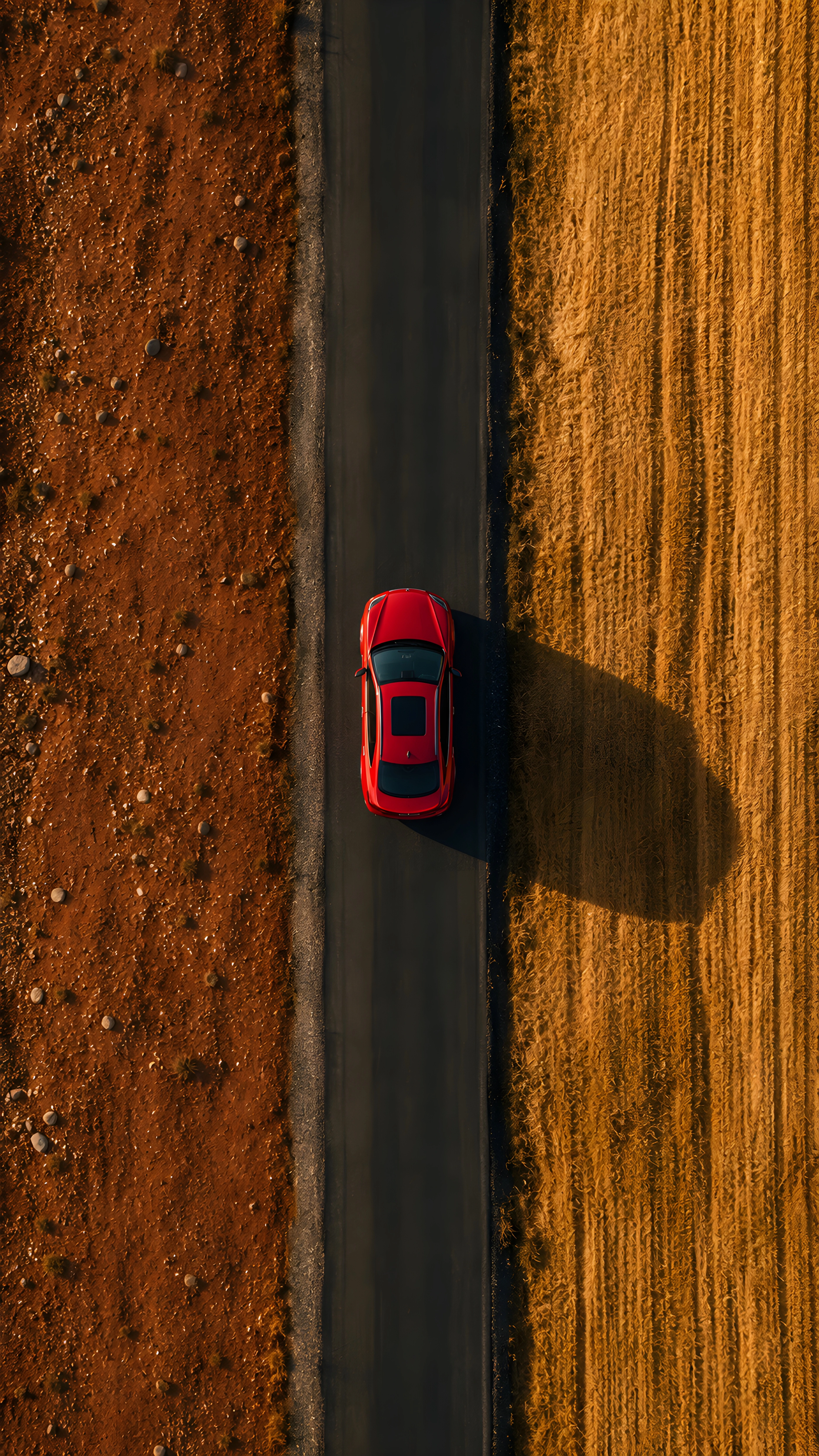 Red Sports Car Aerial View Desert Field Wallpaper 4K